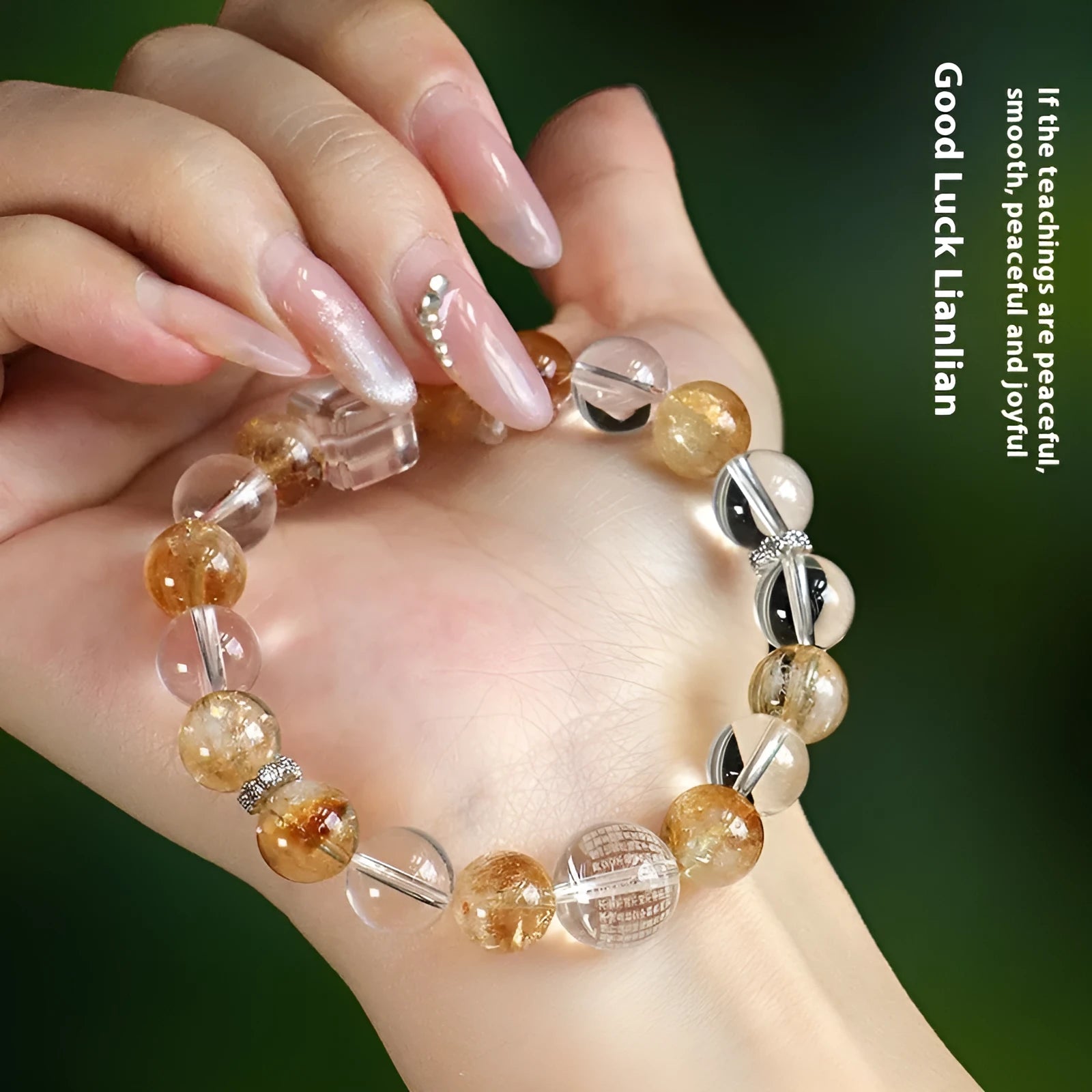Handmade Huang Tajing beaded bracelet with freshwater pearl, yellow crystal, and white crystal beads