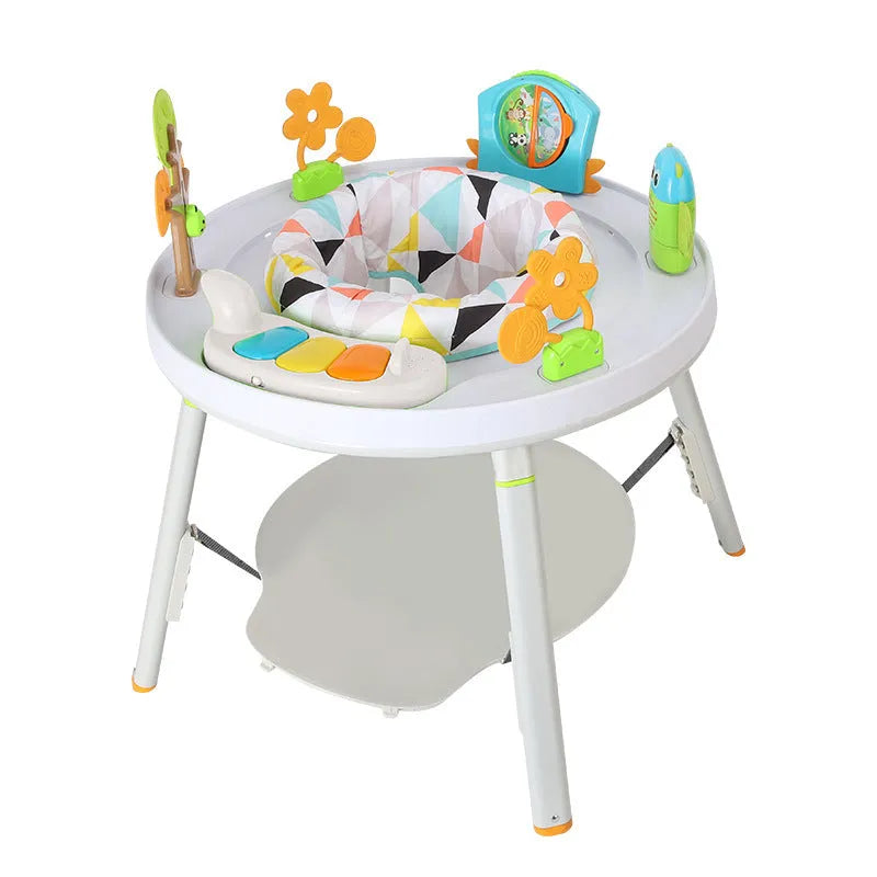 Baby jumping chair activity centre with bouncing frame and interactive toys in duck design.