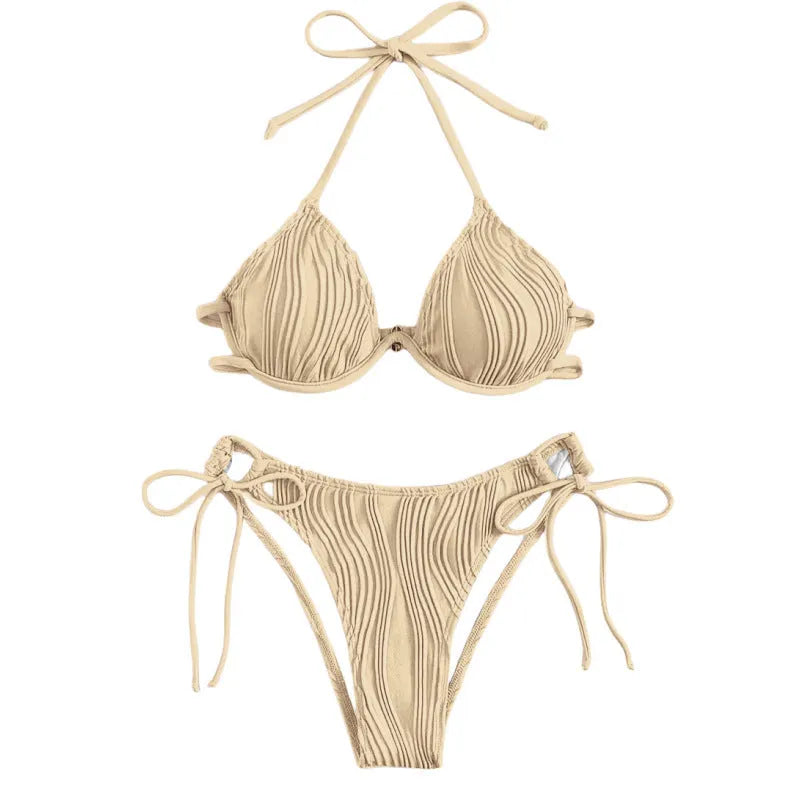 Women's apricot coloured bikini swimsuit with steel bracket underwire on a mannequin