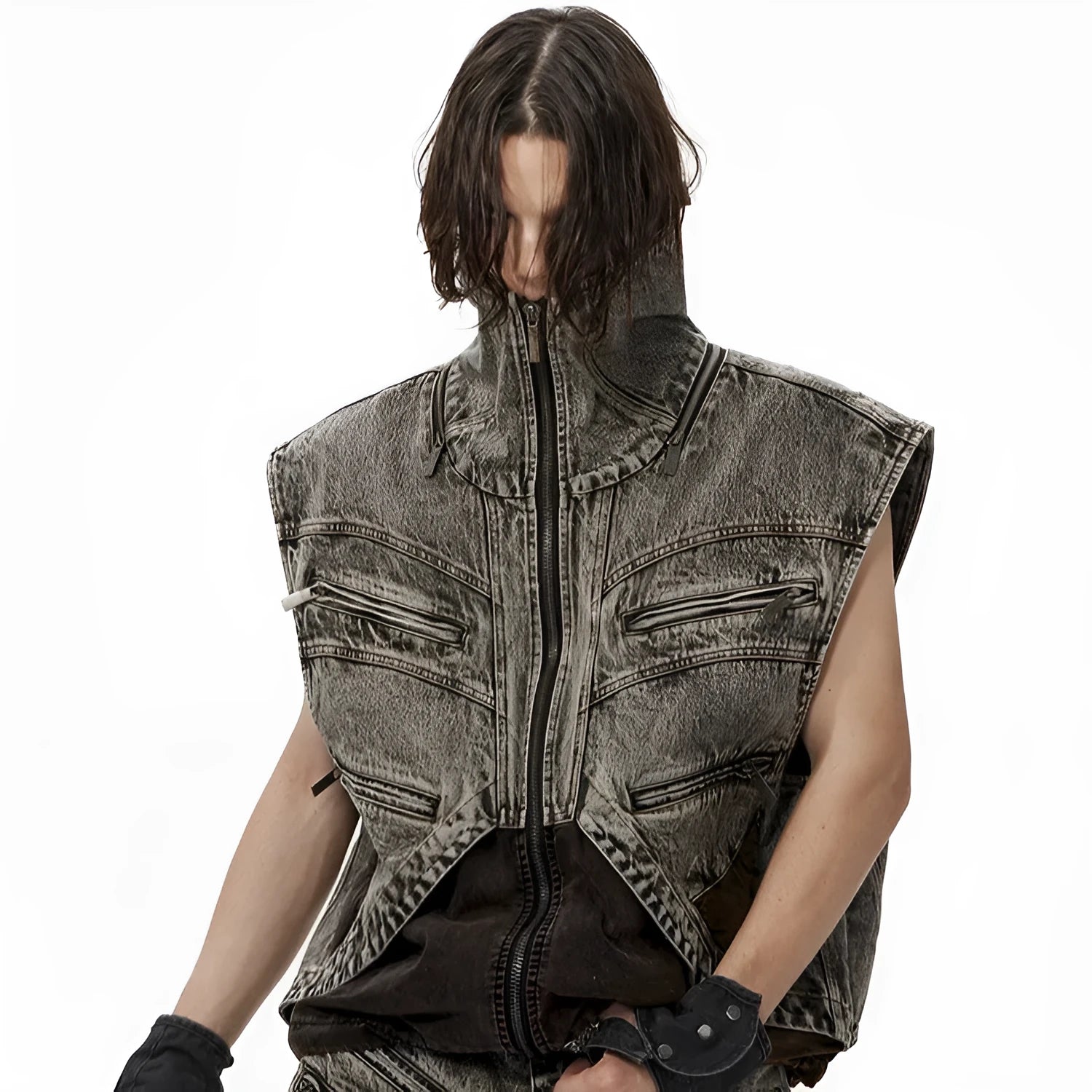Men's sleeveless denim vest jacket with front zipper closure in cotton fabric