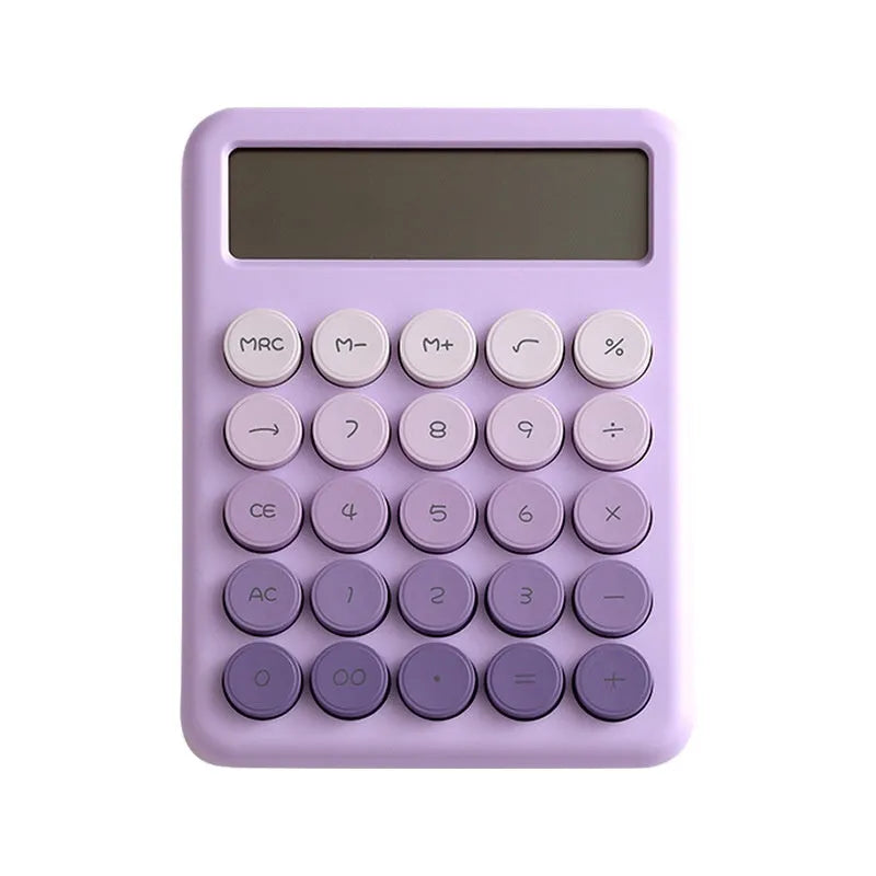 Gradient colour desktop calculator in violet, pink, blue, or green on a desk.
