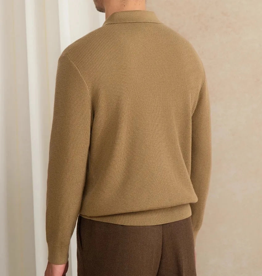 Wool blended slim-fit long-sleeved pullover sweater in brown on model, crew neck, ribbed cuffs