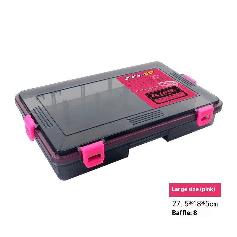 Blue waterproof PP plastic fishing lure storage box with lid open, showing compartments.