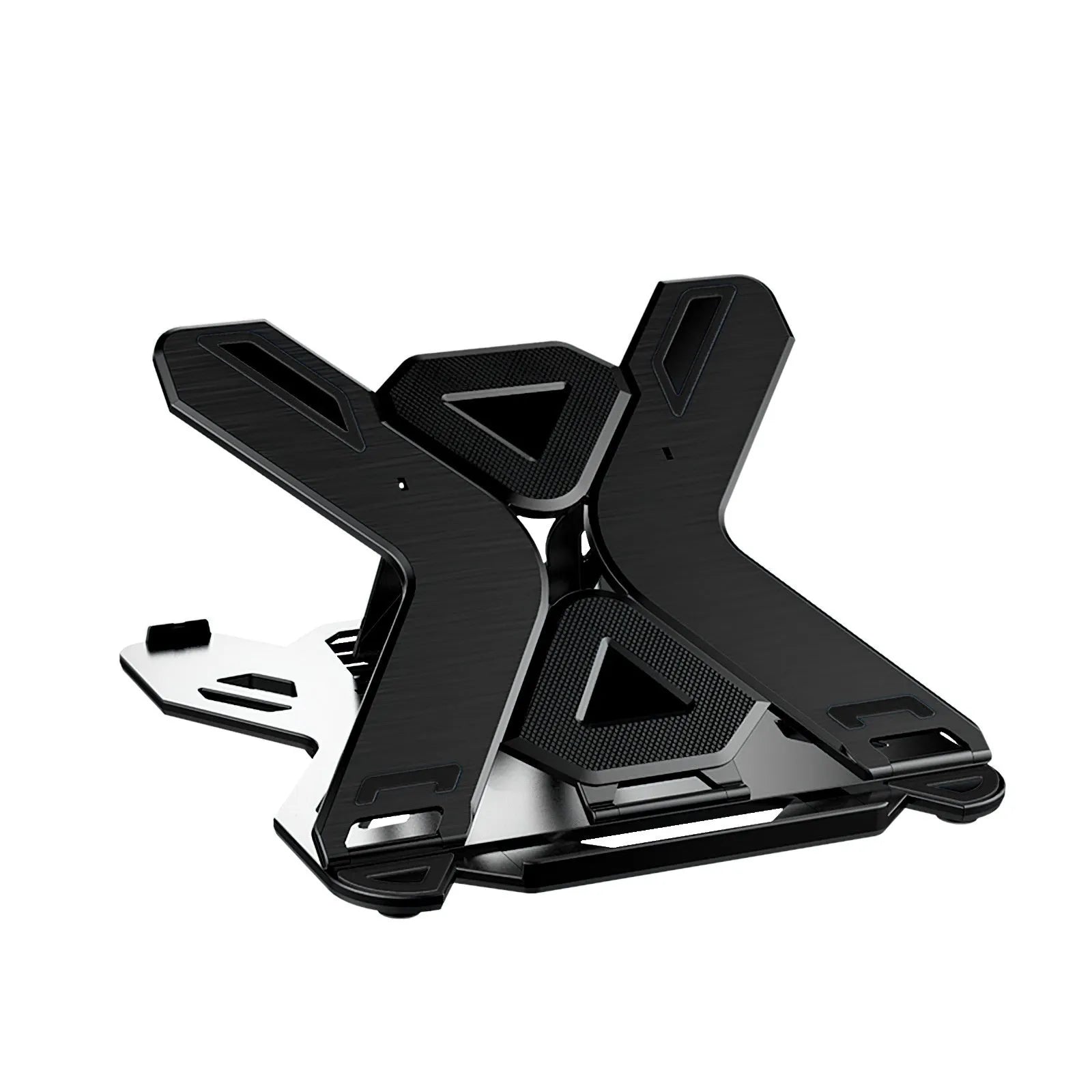 Black ABS plastic laptop bracket elevating laptop above desk surface