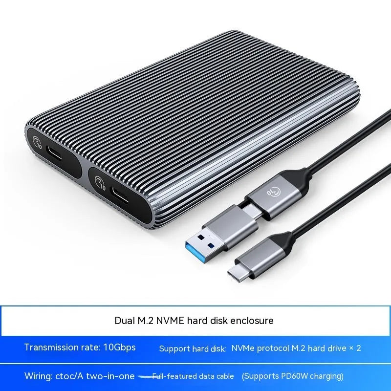 Aluminium M.2 SSD external enclosure with data cable and thermal accessories on a white background