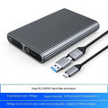 Aluminium M.2 SSD external enclosure with data cable and thermal accessories on a white background