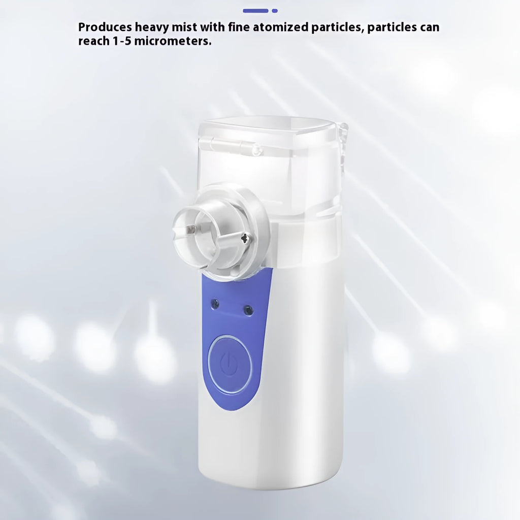 Handheld column-shaped USB nebuliser spray machine with water tank for household and children's use.