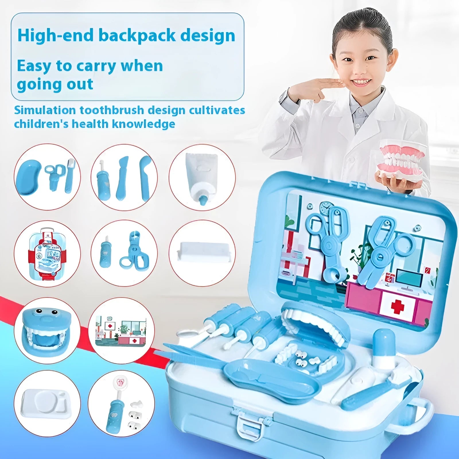 Sky blue plastic toy backpack storage box two-in-one children doctor play house set