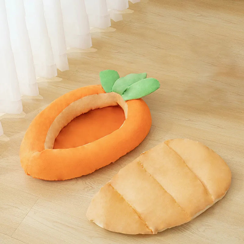 Carrot-shaped enclosed dog nesting bed with a soft blanket, shown in medium and large sizes.