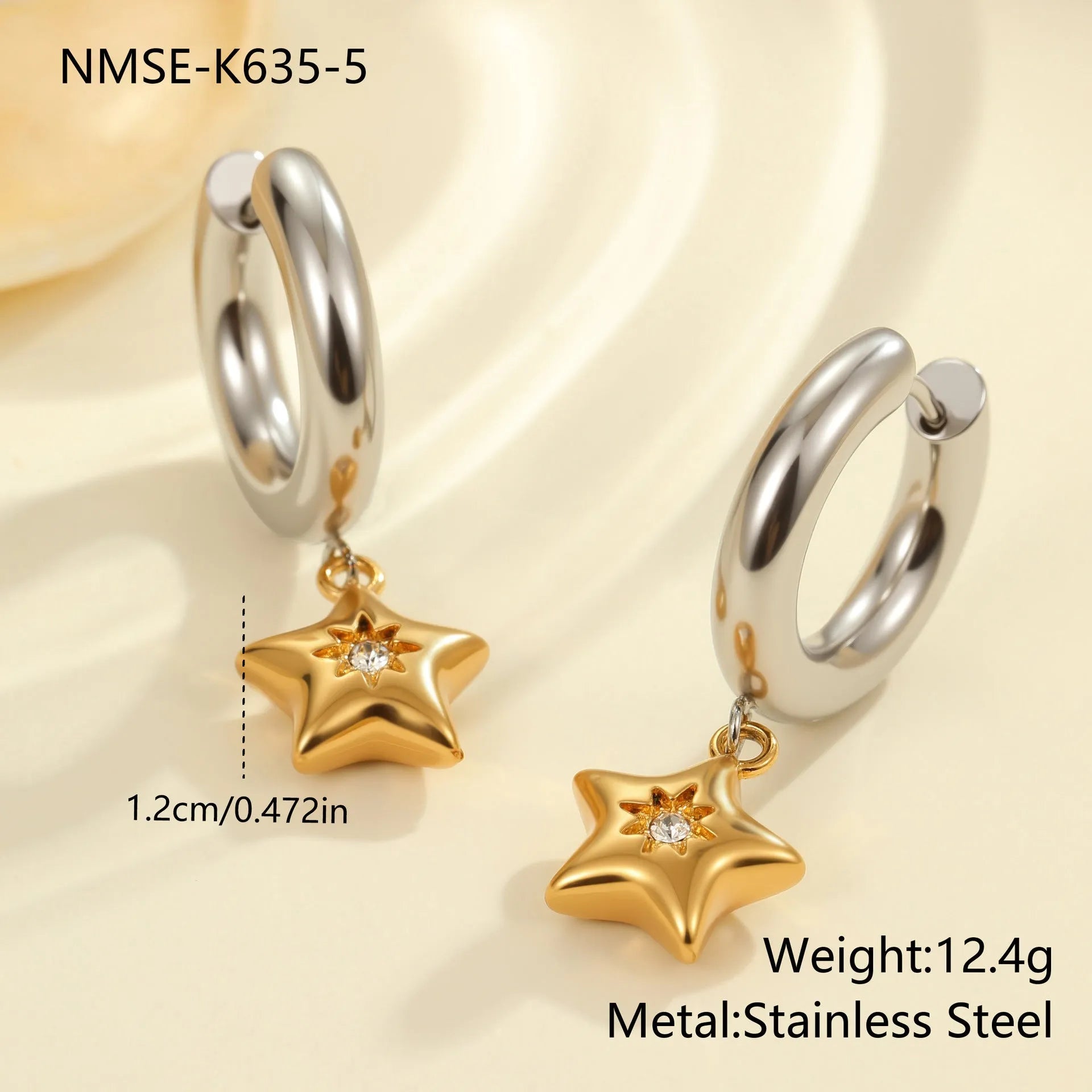 Women's stainless steel earrings with 18K gold plating in heart, star, and Christmas tree shapes.