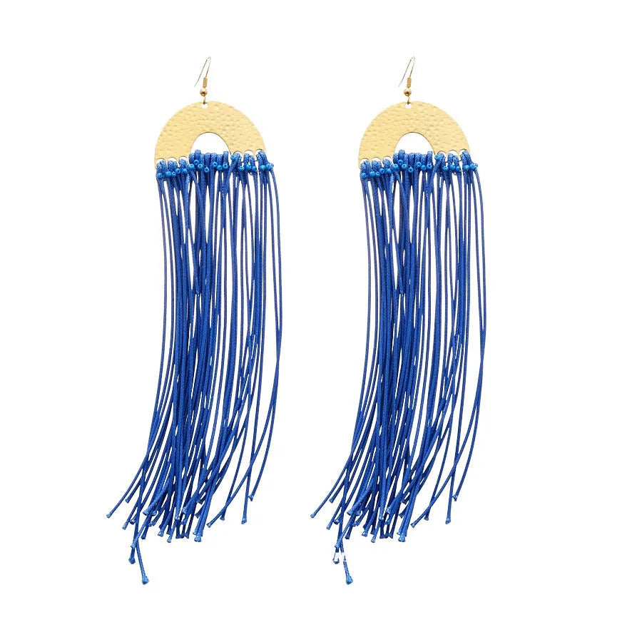 Women's handmade geometric drop earrings with blue resin flower in silver needle colour