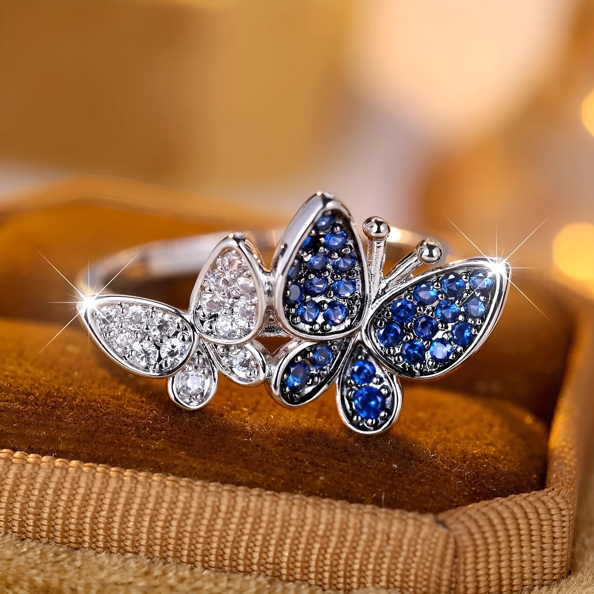 Blue and white butterfly ring for women in copper with electroplated finish, sizes 6-10