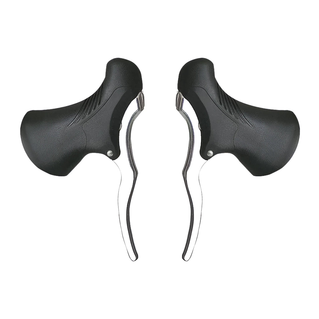 A pair of aluminium road bicycle brake handles in black and black silver finishes.