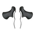 A pair of aluminium road bicycle brake handles in black and black silver finishes.