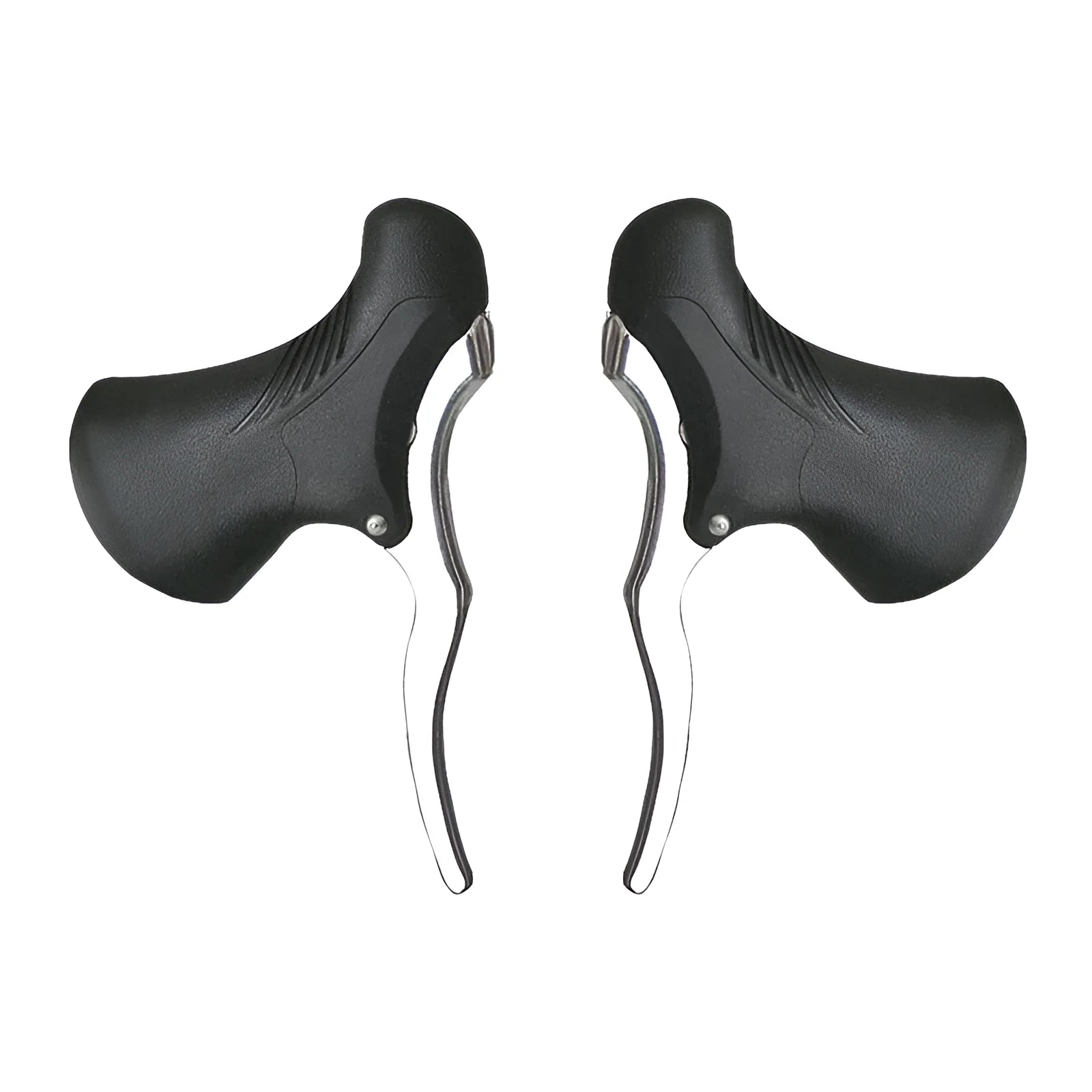 A pair of aluminium road bicycle brake handles in black and black silver finishes.
