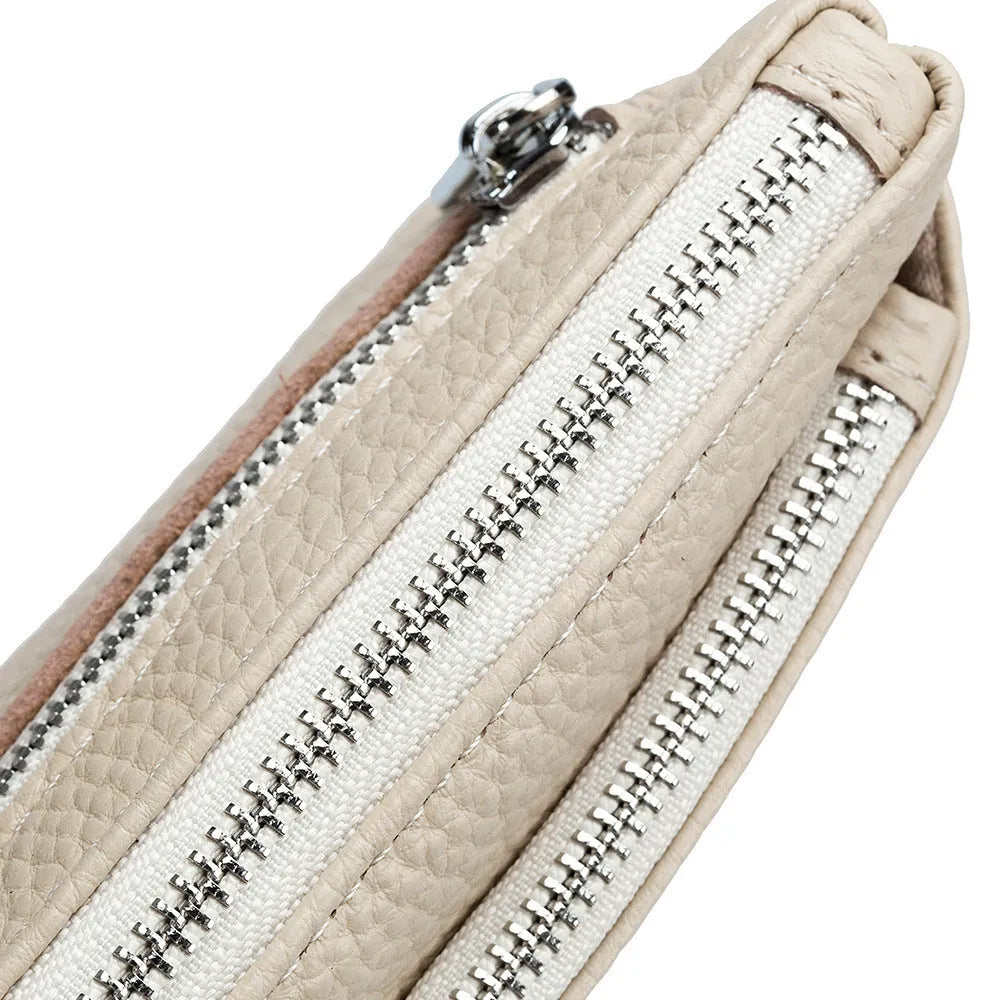 Women's small genuine leather wallet in solid colour with sewing thread detail, retro European American style