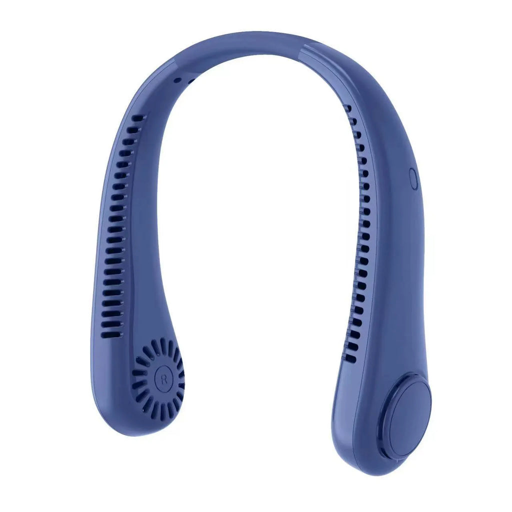White rechargeable bladeless neck fan hanging around neck showing annular air outlet design