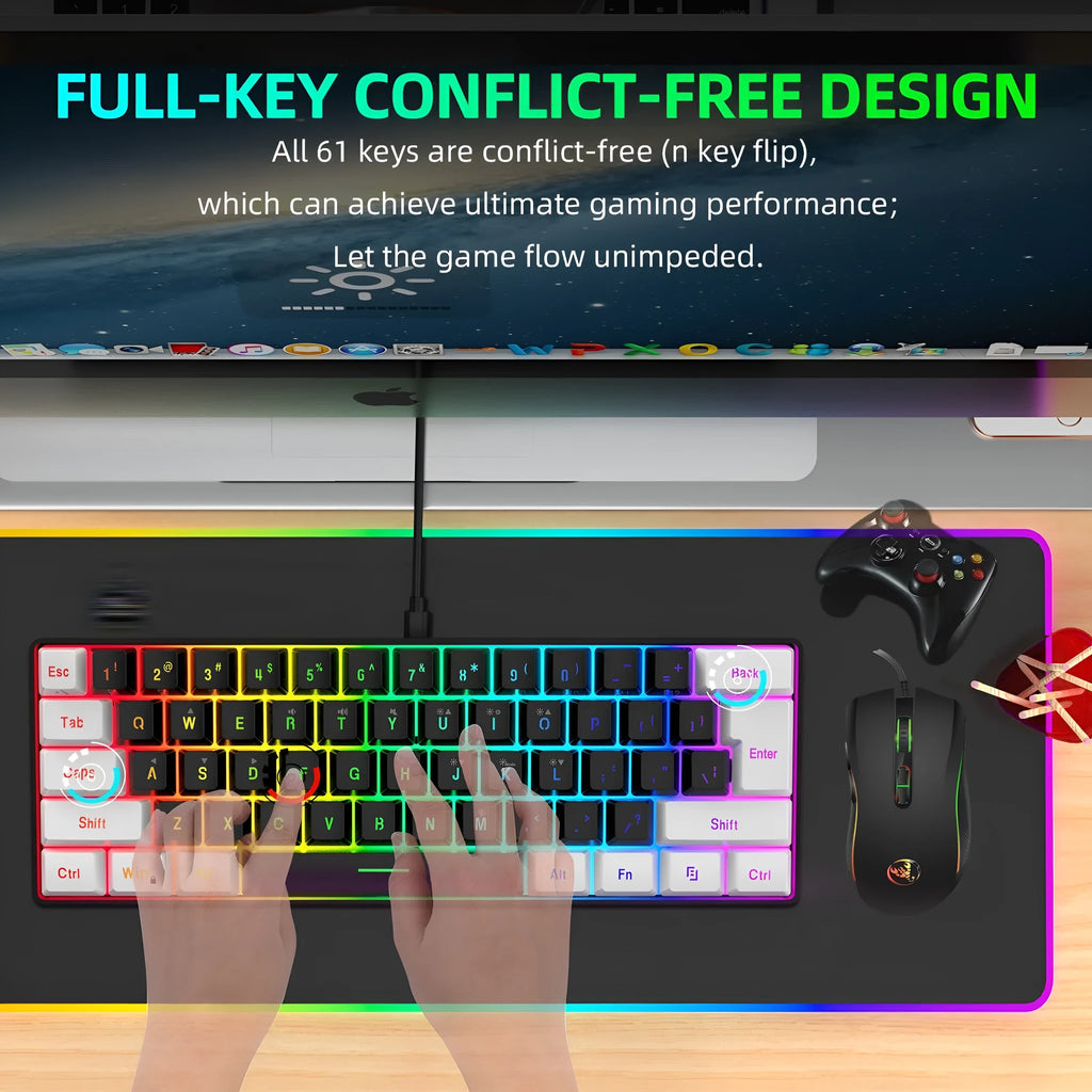 V700WB A869 white and black wired backlit gaming keyboard and mouse combo on a desk.