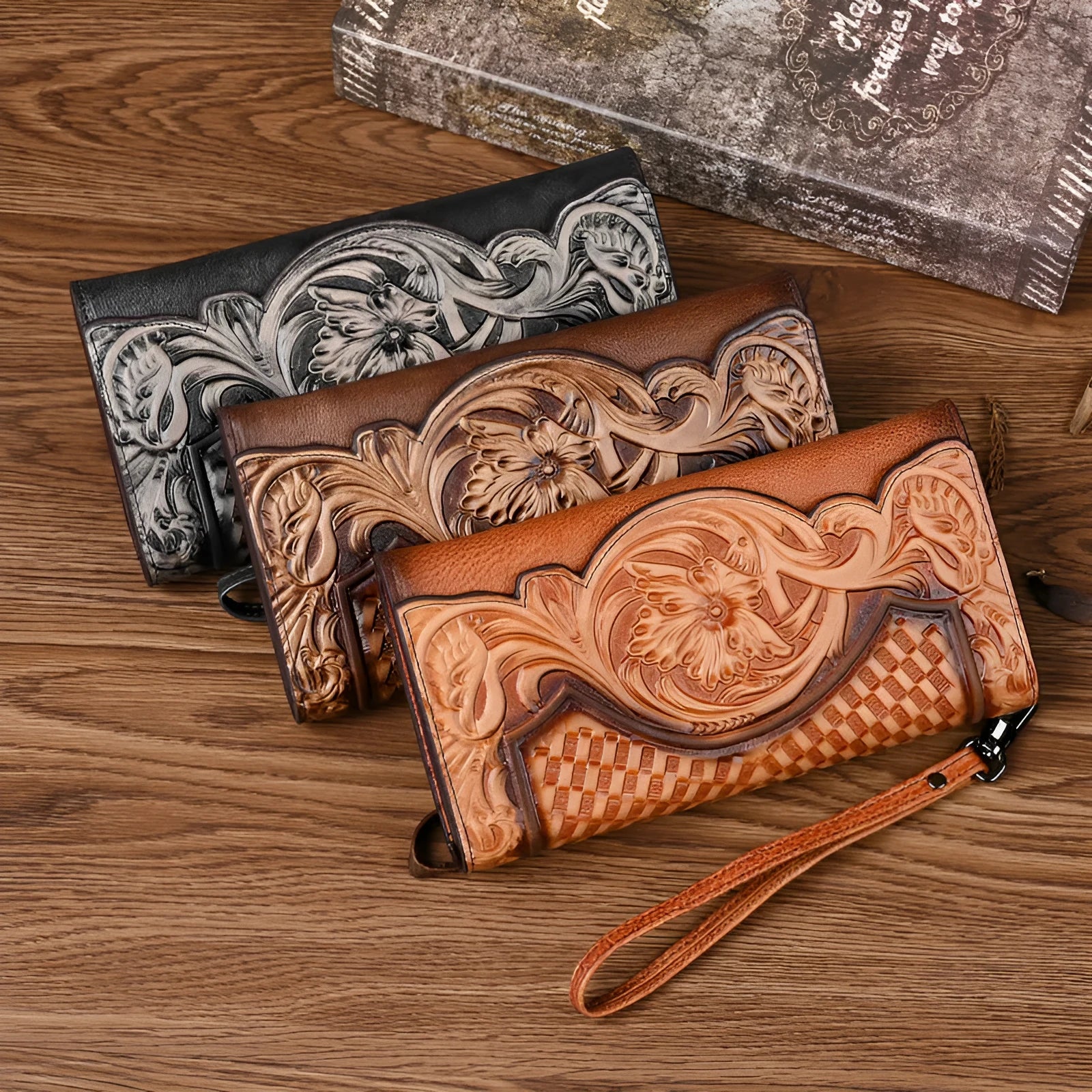 Retro brown tri-fold women's leather wallet with an embossed floral pattern, shown open to reveal compartments.