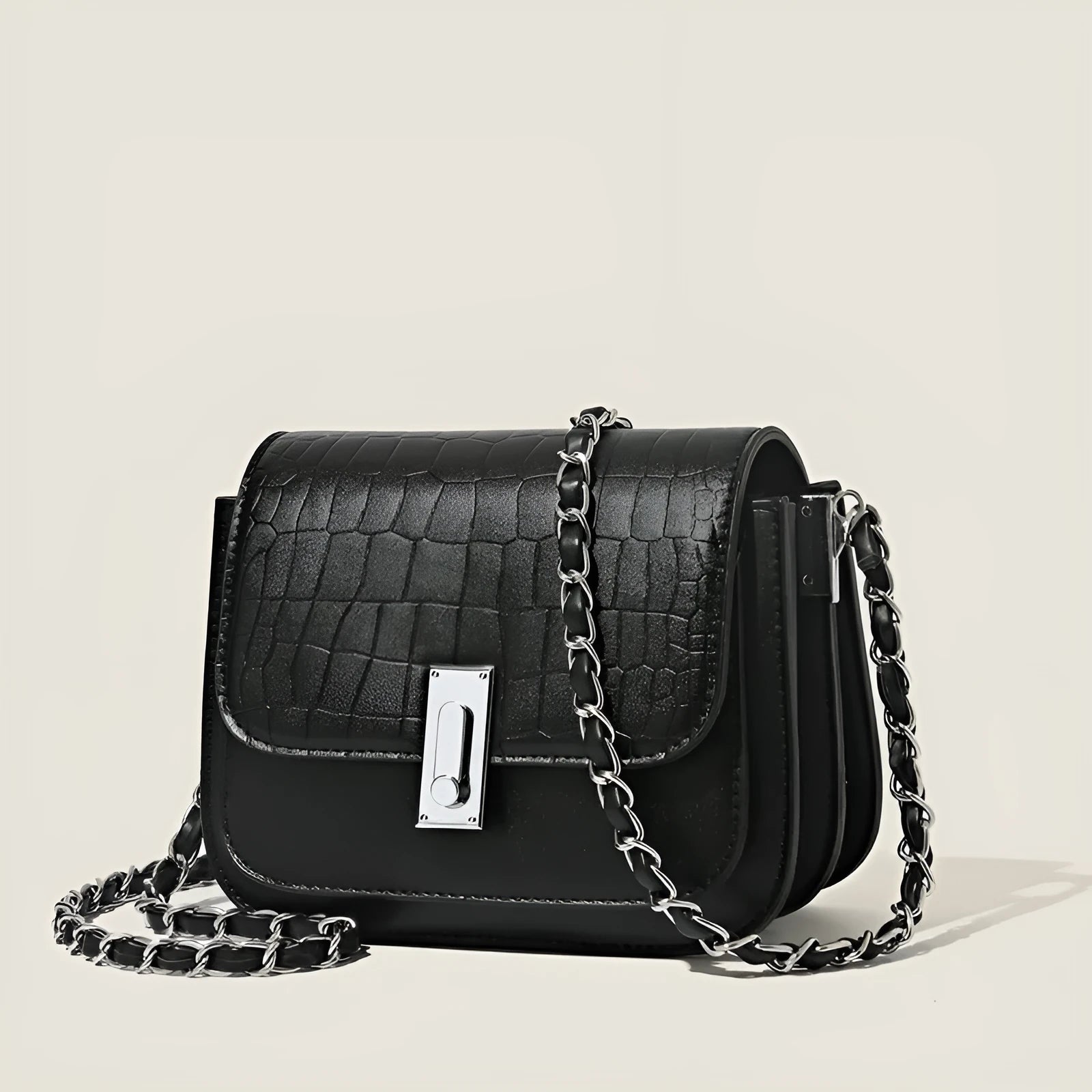 Women's soft PU crossbody shoulder bag in horizontal square shape, shown in black, white, and green colours.