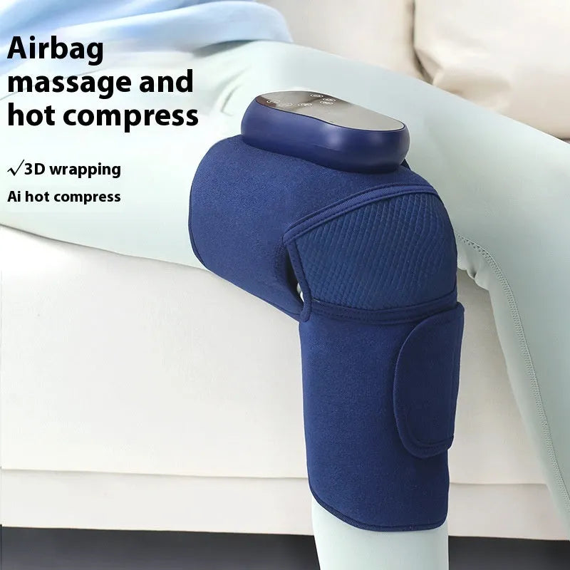 Blue self-heating knee massager with air pressure compression and vibration functions.