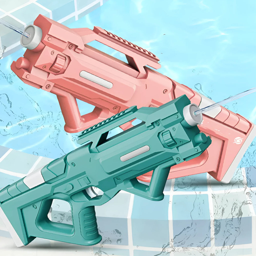 Electric plastic water gun for children, 45.7 x 5.5 x 18.2cm, USB charging, in gold, white, pink, or blue