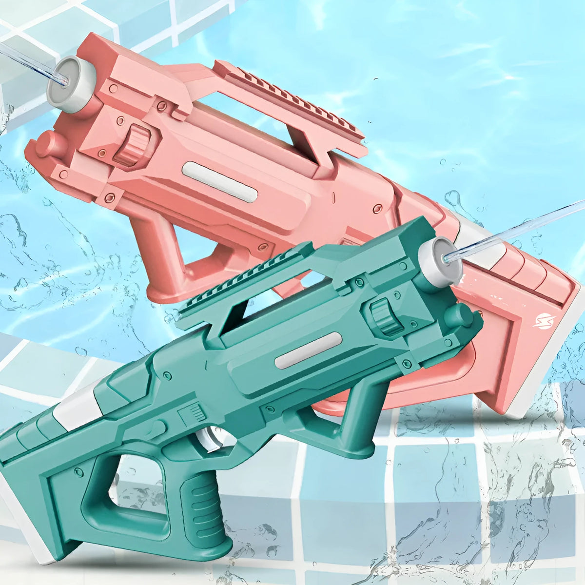 Electric plastic water gun for children, 45.7 x 5.5 x 18.2cm, USB charging, in gold, white, pink, or blue