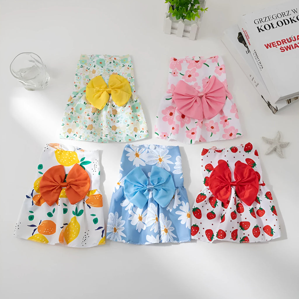 Ultra-thin summer pet dress with floral butterfly knot design for dogs and cats