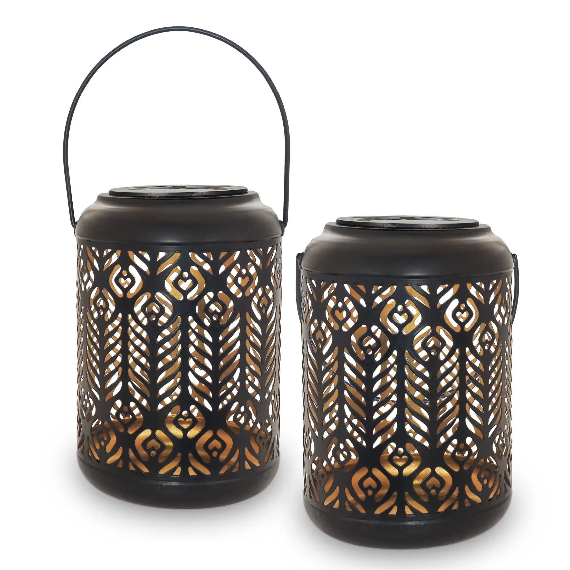 Black iron circular solar lamp with small cylindrical wheat ear design on a garden path