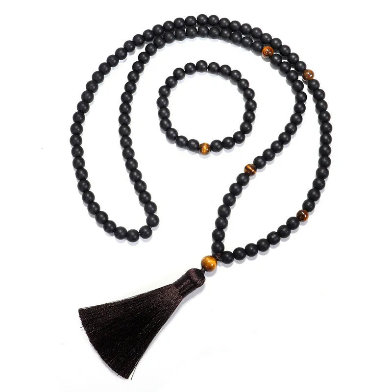 Tigereye stone beaded necklace and bracelet set with drop pendant on adjustable 81cm length