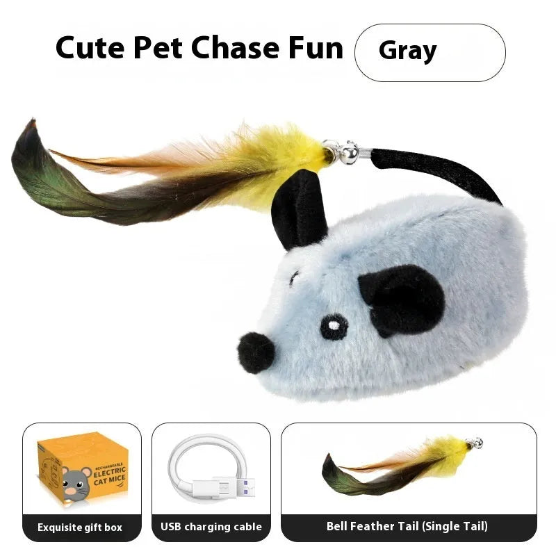 Grey plastic electric cat toy mouse with feather tail decoration and USB charging cable
