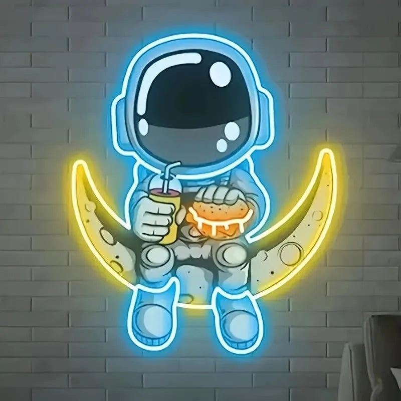 Astronaut-shaped neon wall lamp with blue lemon yellow lighting in 30x35cm plastic housing