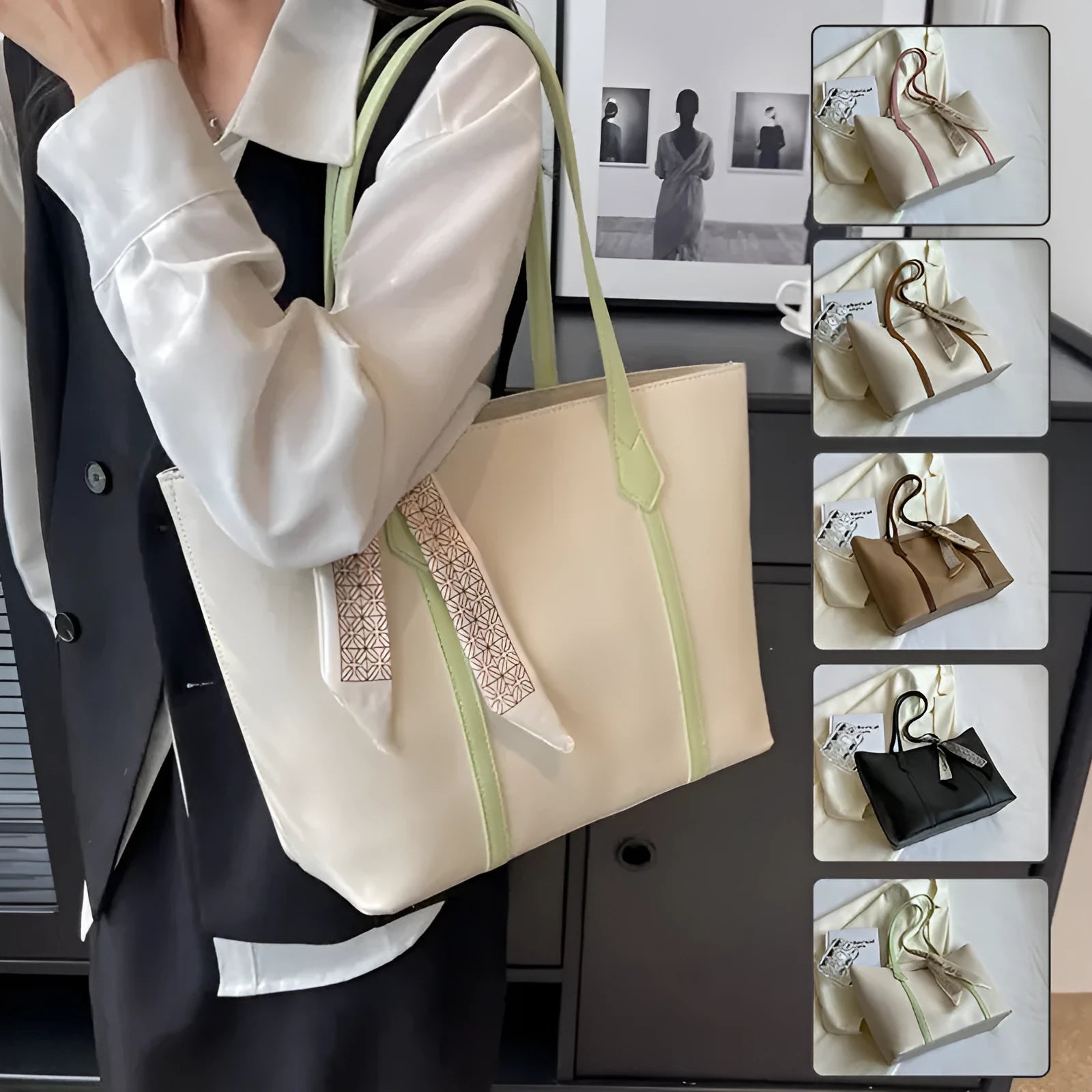 Large soft crossbody tote bag in bucket design showing colour options and internal zipped pocket