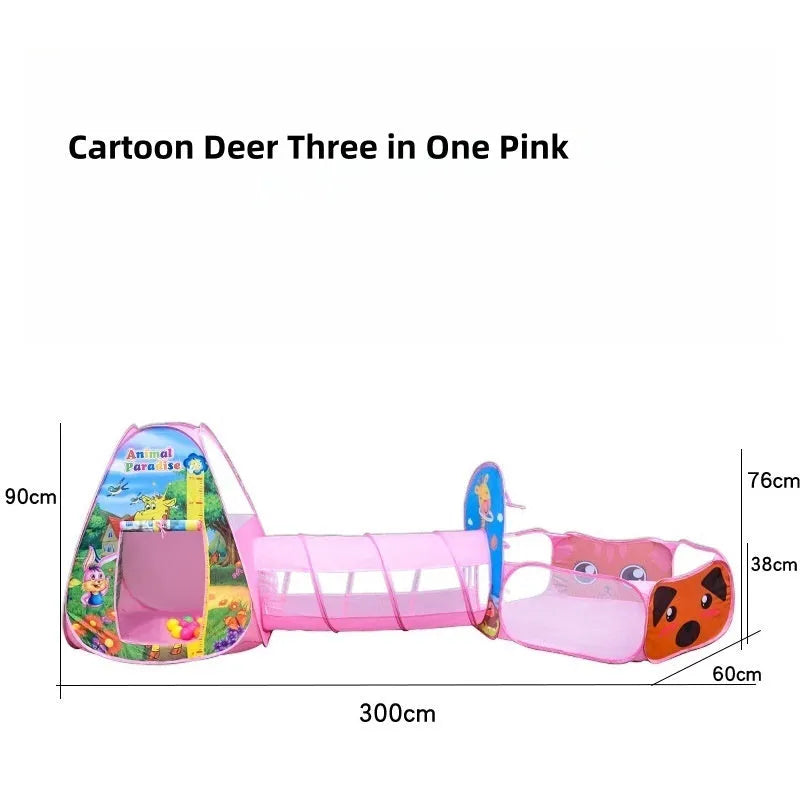 Three-in-one children's play tent set with inflatable ball pool and connecting tunnel in cartoon marine design