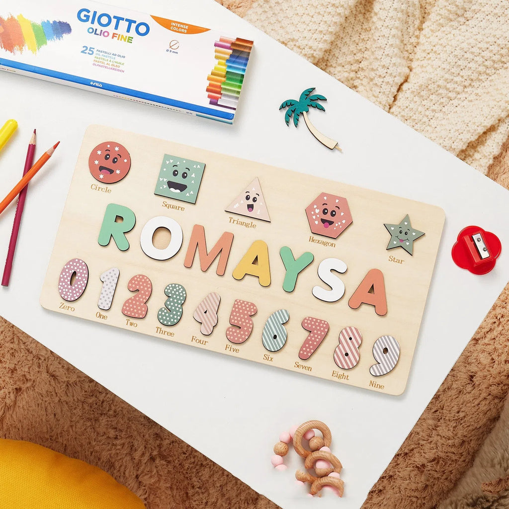 Wooden digital shape recognition puzzle board with hand-holding pieces for infants, 30x20cm to 38x20cm