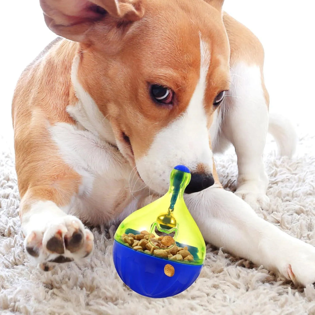 Blue and white durable plastic dog and cat treat dispenser puzzle ball toy.