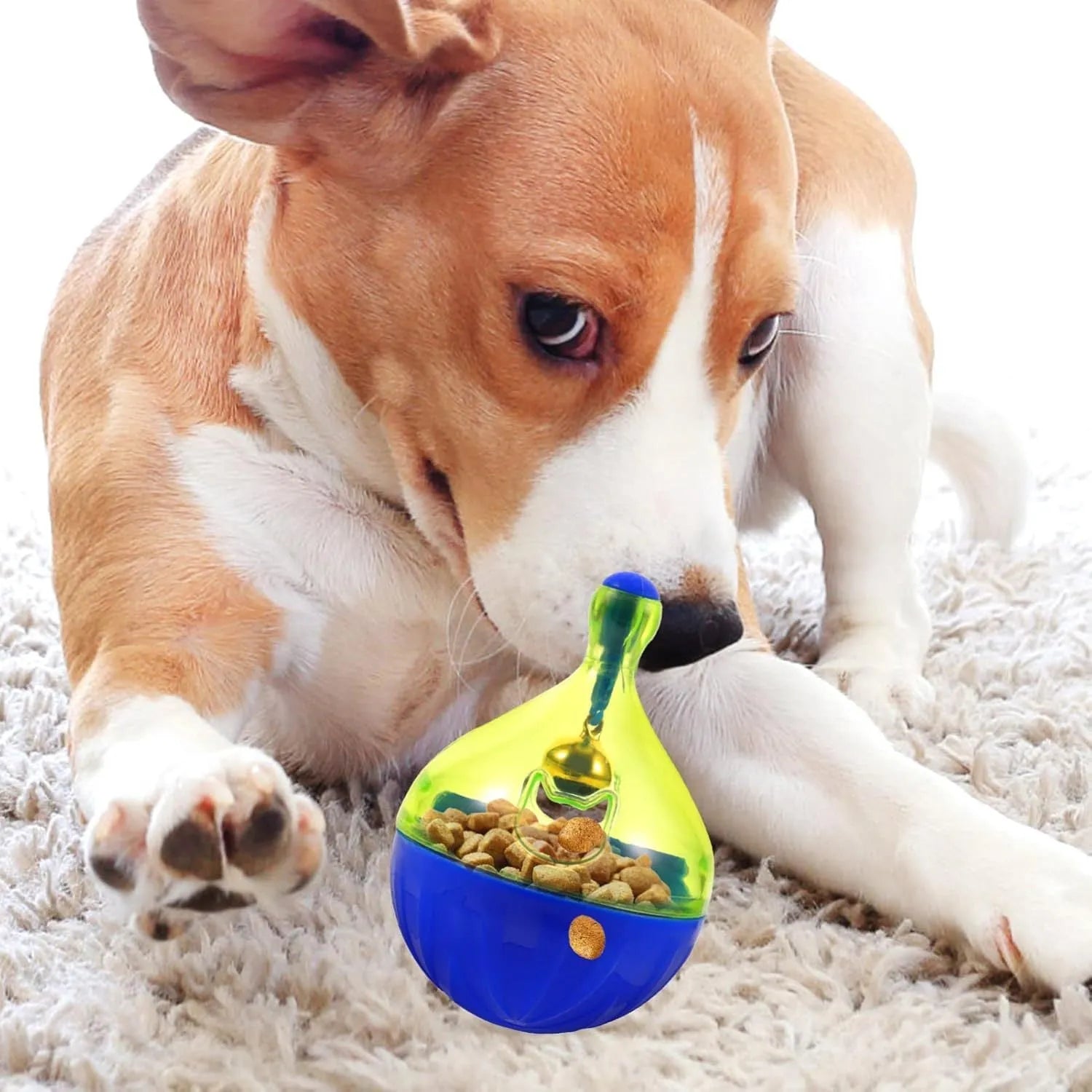 Blue and white durable plastic dog and cat treat dispenser puzzle ball toy.