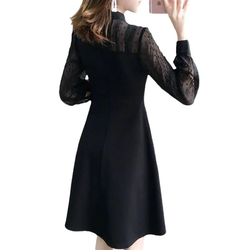 Black solid colour polyester lace long sleeve underdress with slimming fit on female model