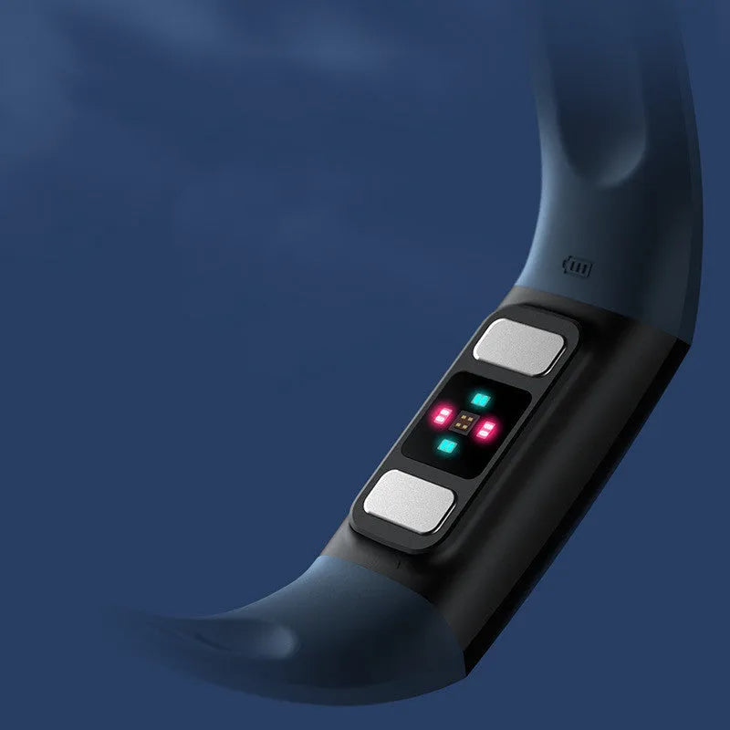 Black smart health bracelet with a 1.1-inch display on a wrist, showing blood pressure and ECG readings.