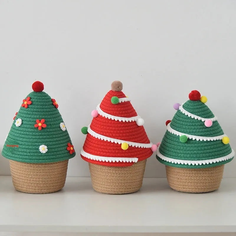 Cotton thread Christmas storage basket for small items, available in green and red colour options