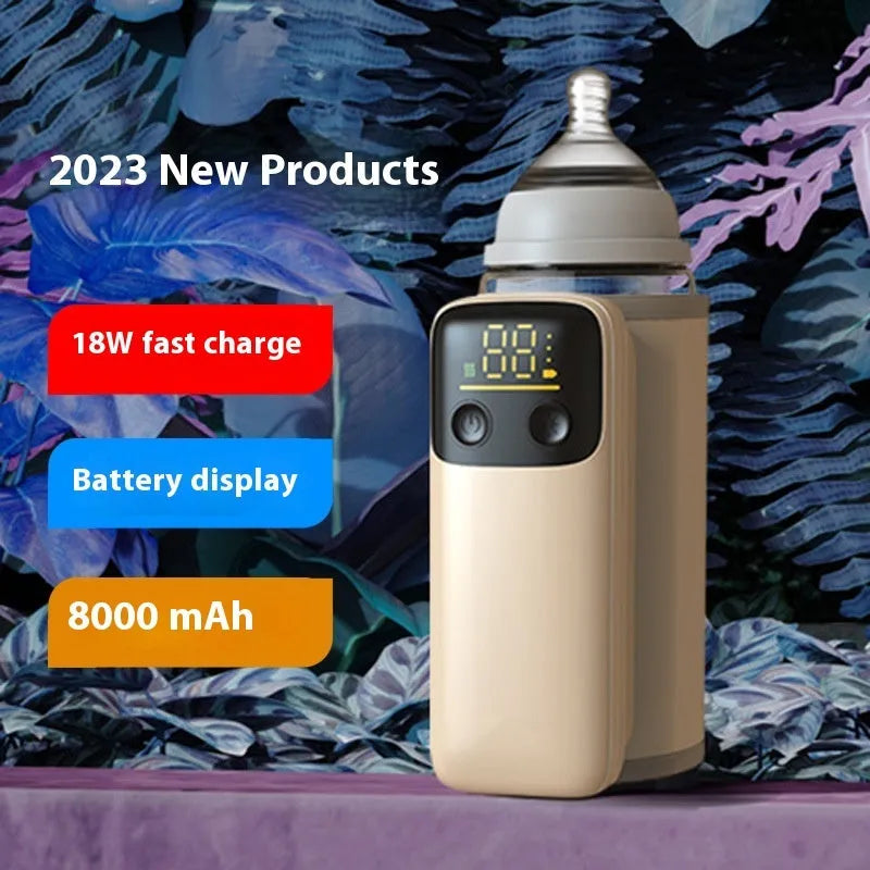 Universal baby bottle insulation warmer with grey sleeve and digital display showing temperature