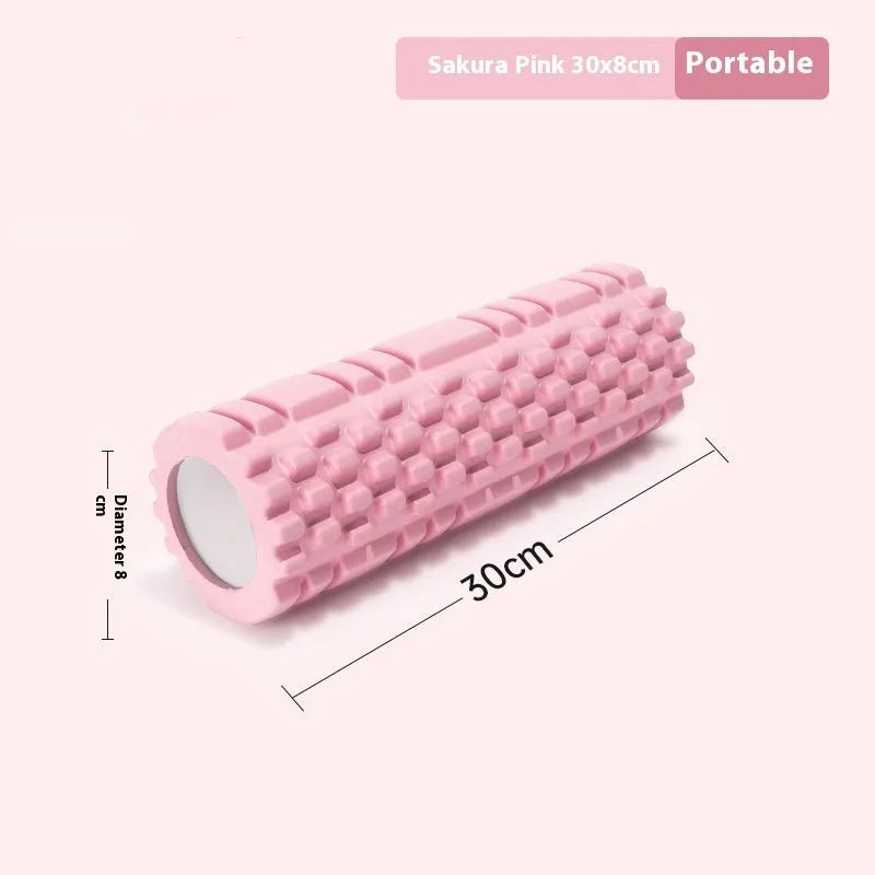 EVA foam fitness roller shown in various colours including black, pink, and blue.
