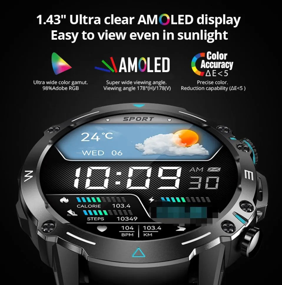 M42 smartwatch in black on wrist, showing AMOLED screen with fitness stats.