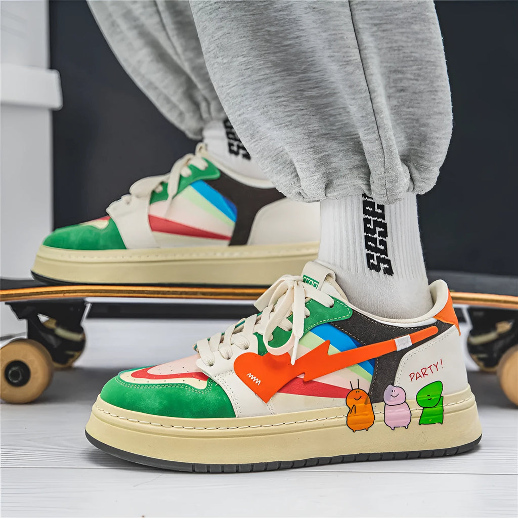 A pair of simple, plain lace-up sneakers on a white background, shown in the Rainbow colour variant.
