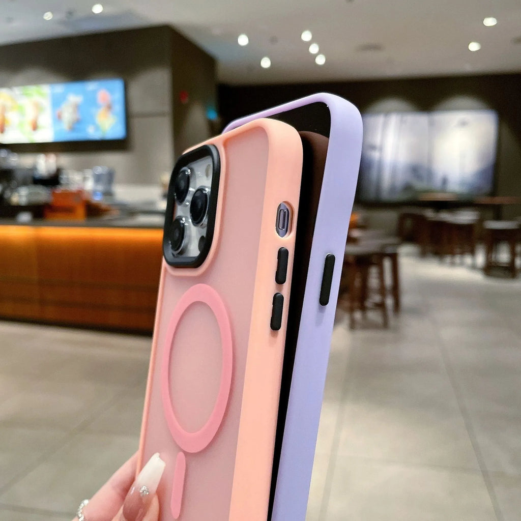 Frosted magnetic suction mobile phone case for iPhone 16 in dark purple colour