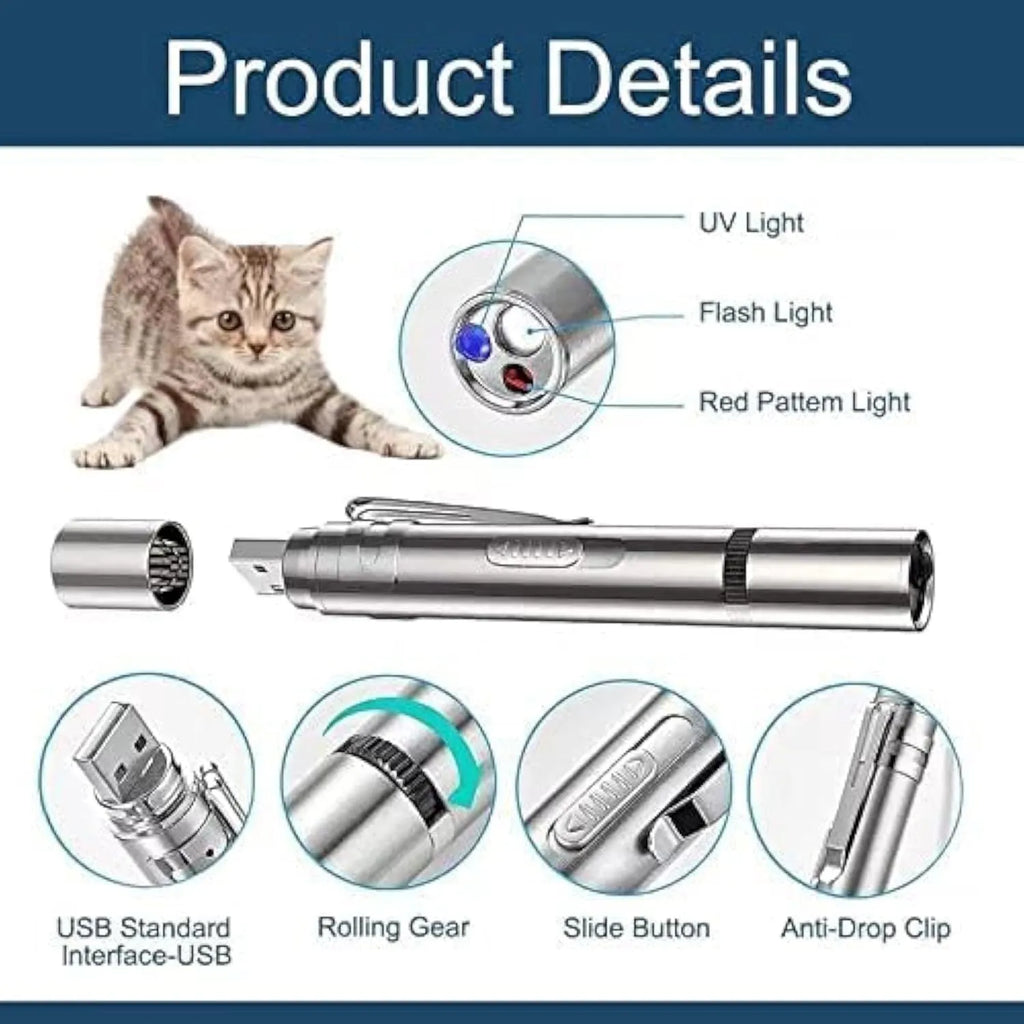 Silver aluminium USB-rechargeable cat laser toy pointer with five pattern options.