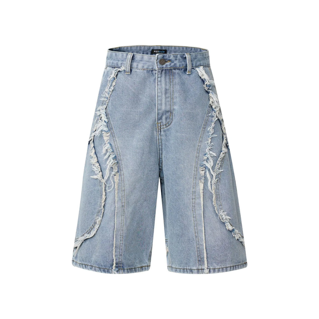Distressed denim shorts with raw edge hemming in straight leg cut, available in three colour options