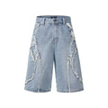 Distressed denim shorts with raw edge hemming in straight leg cut, available in three colour options