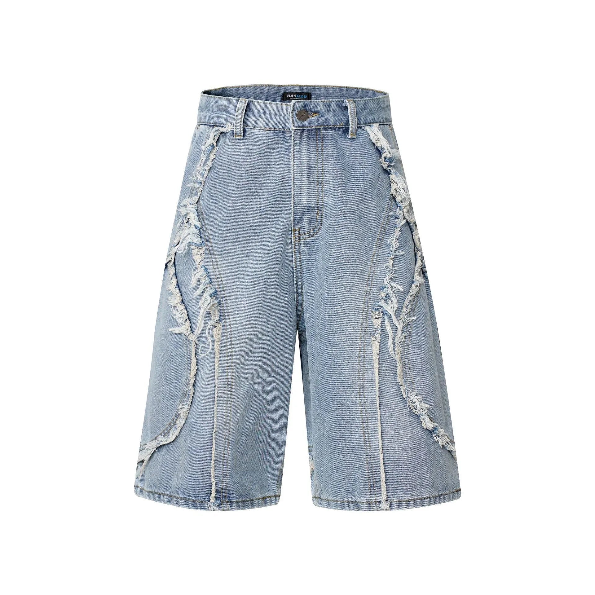 Distressed denim shorts with raw edge hemming in straight leg cut, available in three colour options