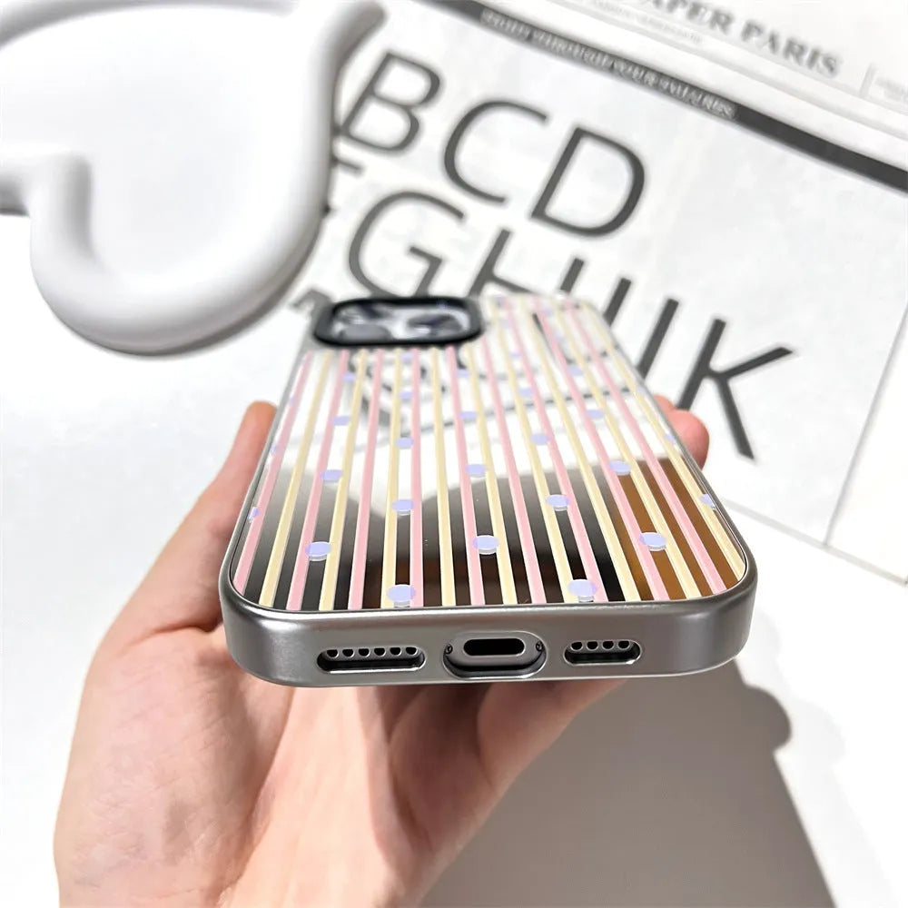 Contrast colour stripe phone case with silver plated edge and sprayed mirror finish for iPhone 12 to 16 Pro Max